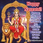 Happy Navratri image featuring Maa Durga seated on lion, facing forward, symbolizing devotion and divine joy.
