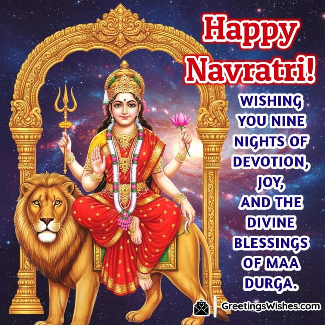 Happy Navratri image featuring Maa Durga seated on lion, facing forward, symbolizing devotion and divine joy.
