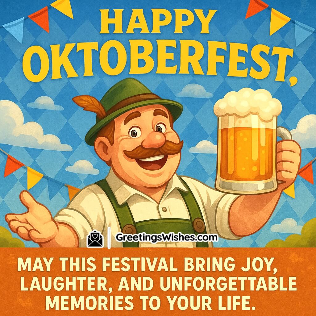 Happy Oktoberfest image featuring a cheerful Bavarian man in traditional attire holding a beer mug, with festive banners and bright sky in the background, symbolizing joy, laughter, and unforgettable memories.