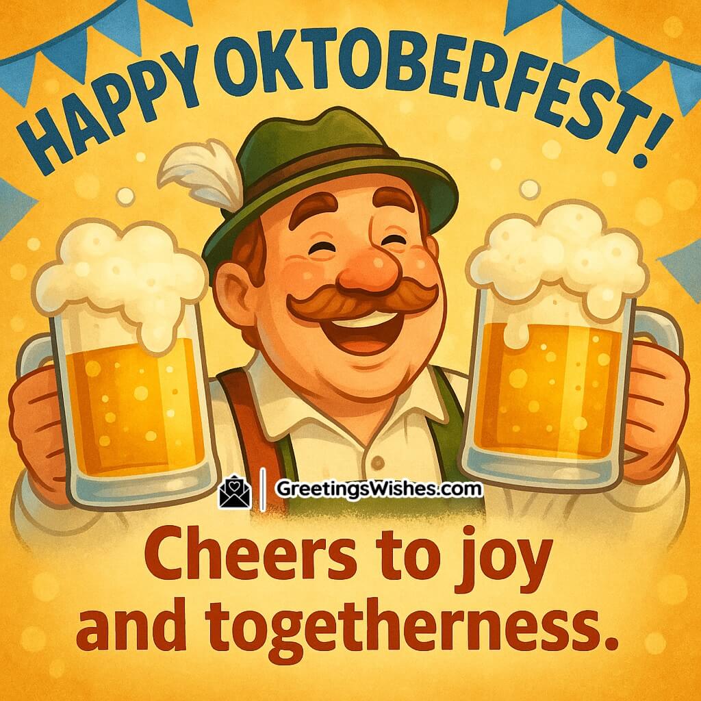 Happy Oktoberfest wish image featuring a smiling Bavarian man in traditional outfit holding two frothy beer mugs, with festive banners and bright background symbolizing joy and togetherness.