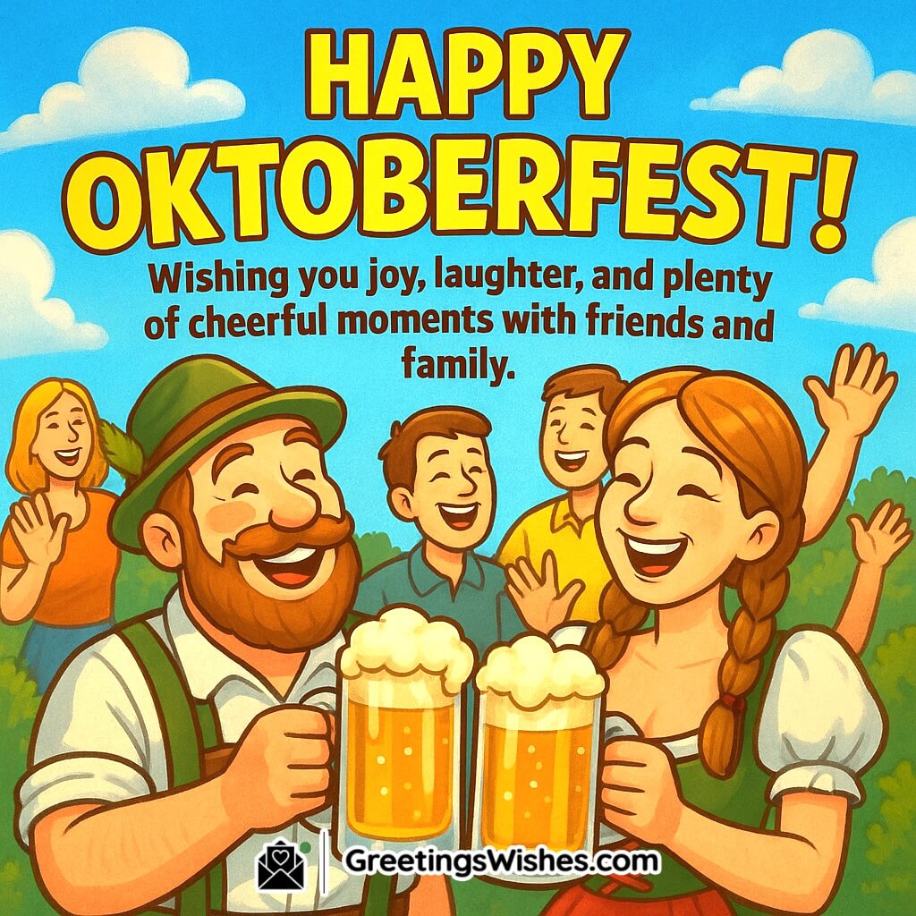 Happy Oktoberfest image featuring cheerful people in Bavarian attire raising beer mugs with smiling friends in the background, symbolizing joy, laughter, and festive togetherness.