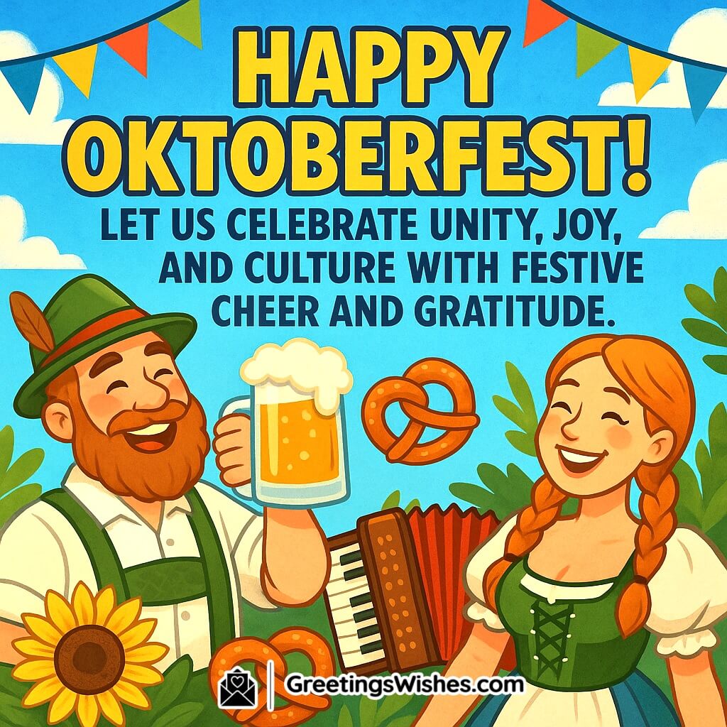 Happy Oktoberfest wish image featuring a cheerful man in Bavarian attire holding a beer mug and a smiling woman in a dirndl, surrounded by pretzels, accordion, sunflower, and festive flags, symbolizing unity, joy, and cultural celebration.