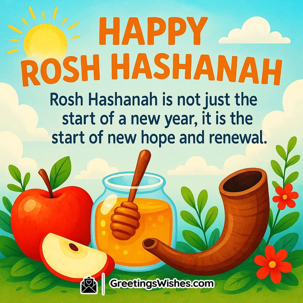 Happy Rosh Hashanah image featuring a bright sun, blue sky with clouds, an apple, honey jar with dipper, and shofar surrounded by green leaves and flowers, symbolizing new hope and renewal.