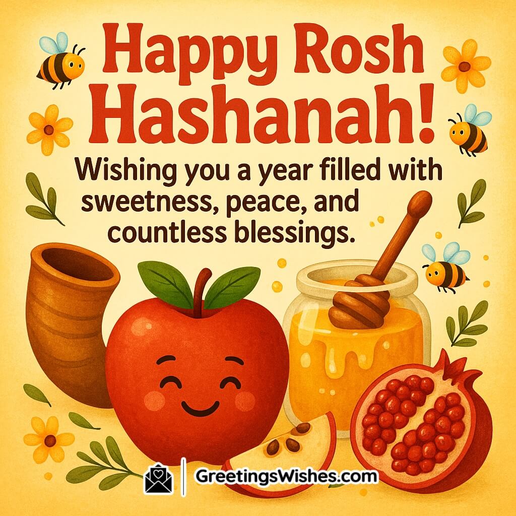 Rosh Hashanah greeting image featuring a cheerful apple, honey jar with dipper, pomegranate, and shofar surrounded by flowers and bees, symbolizing sweetness, peace, and blessings for the new year.