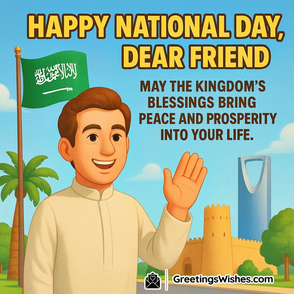 Happy National Day image with a smiling man in traditional attire waving beside the Kingdom flag, fortress, and modern tower, symbolizing peace and prosperity.