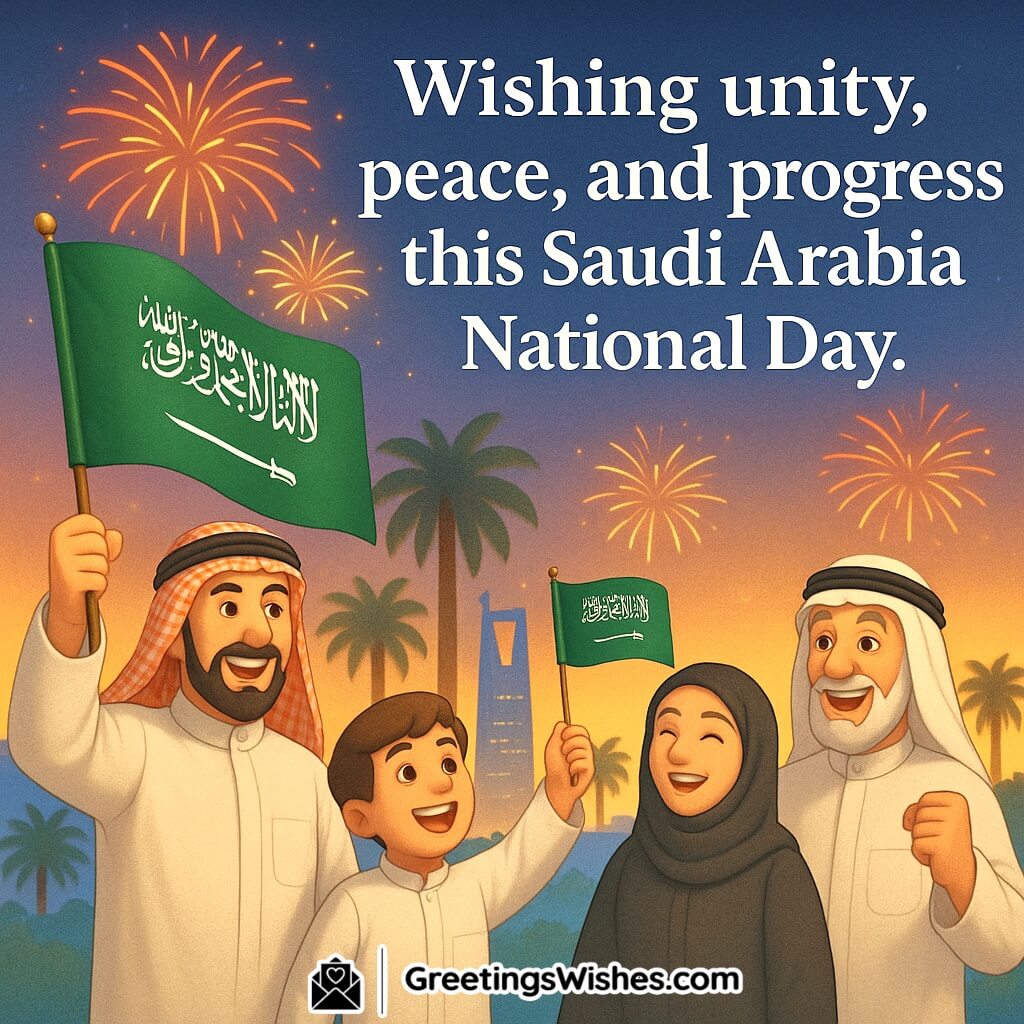 Saudi Arabia National Day image featuring joyful citizens in traditional attire waving Saudi flags with fireworks and Riyadh’s skyline in the background, symbolizing unity, peace, and progress.
