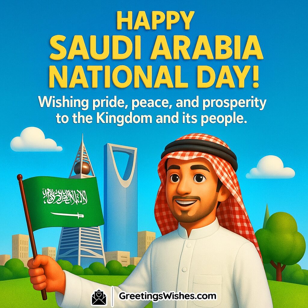 Saudi Arabia National Day greeting image featuring a smiling man in traditional attire proudly holding the Saudi flag, with Riyadh’s iconic skyline, green trees, and blue sky in the background, symbolizing pride, peace, and prosperity.