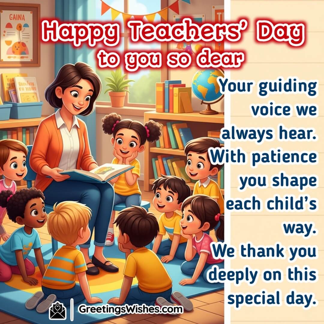 Teachers Day image featuring a teacher reading to young children gathered around symbolizing patience guidance and nurturing care.