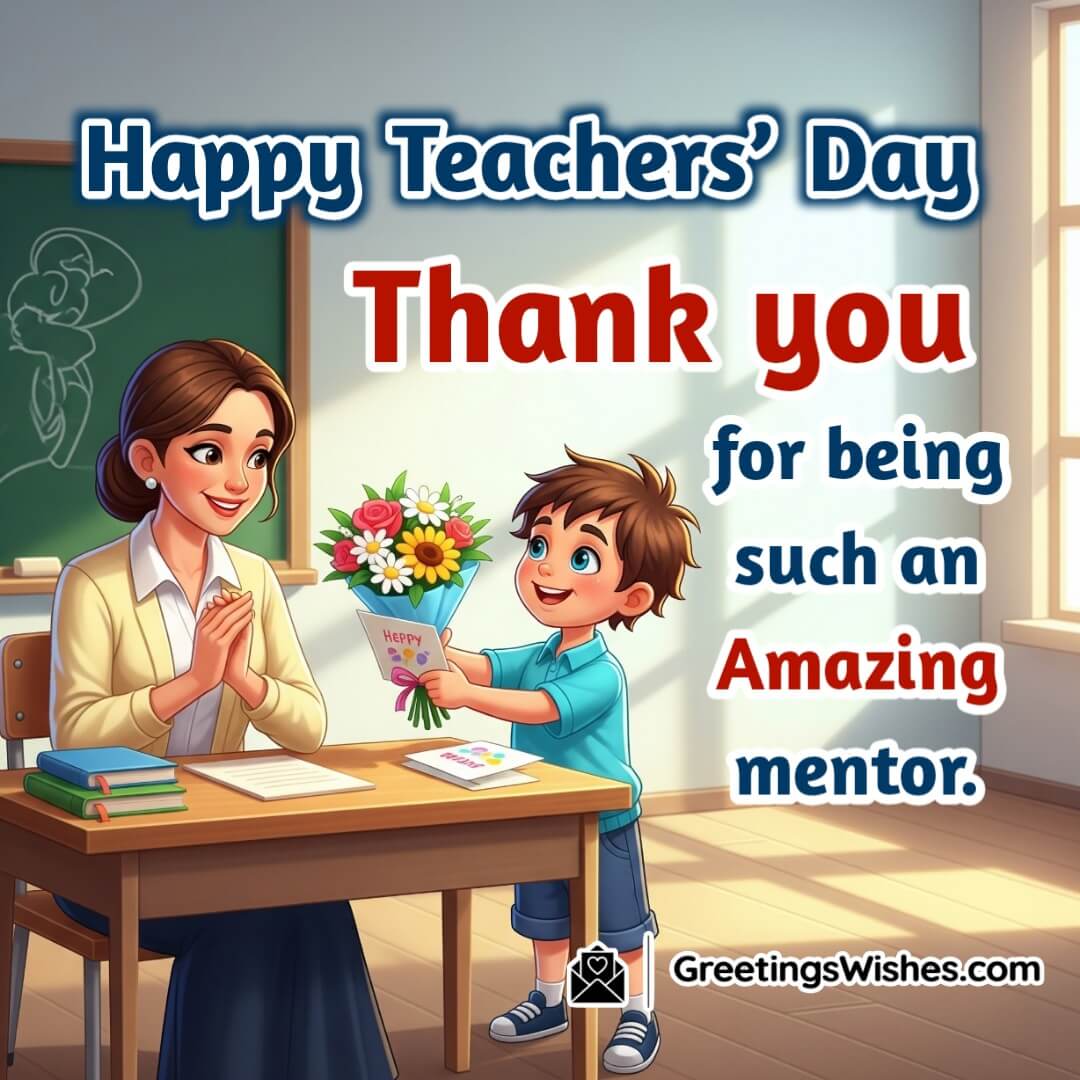 Teachers Day image featuring a student presenting flowers to a teacher at a desk with joyful expressions symbolizing mentorship appreciation and respect.