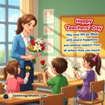 Teachers Day image featuring a teacher standing in front of students with flowers and warm smiles symbolizing respect gratitude and happiness.