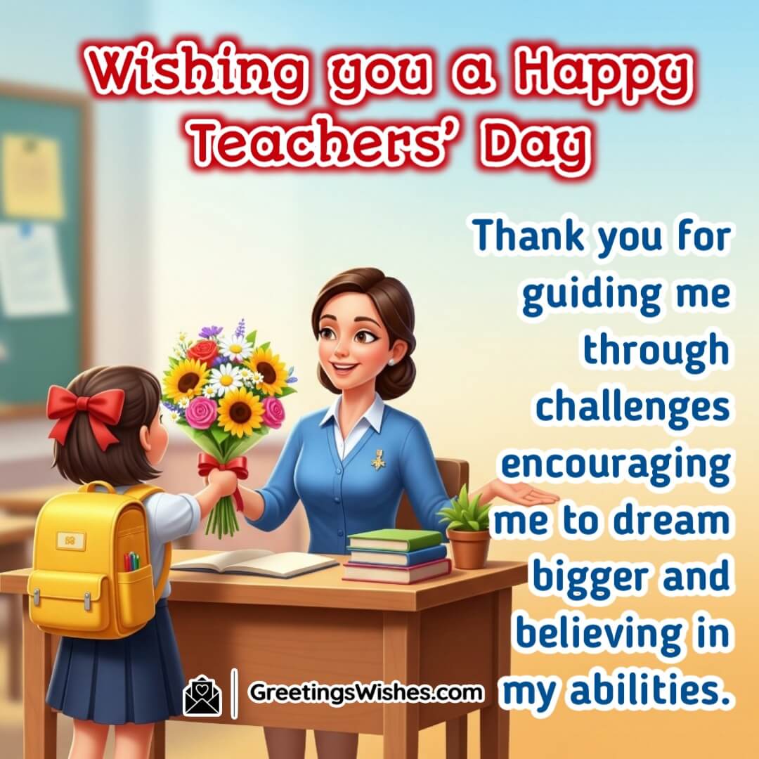 Teachers Day image featuring a student offering flowers to a teacher in a classroom filled with sunlight symbolizing guidance encouragement and trust.