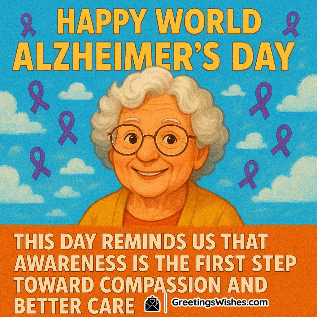 World Alzheimer’s Day image featuring a smiling elderly woman with white hair and glasses, surrounded by purple awareness ribbons and a bright blue sky, symbolizing awareness, compassion, and better care.