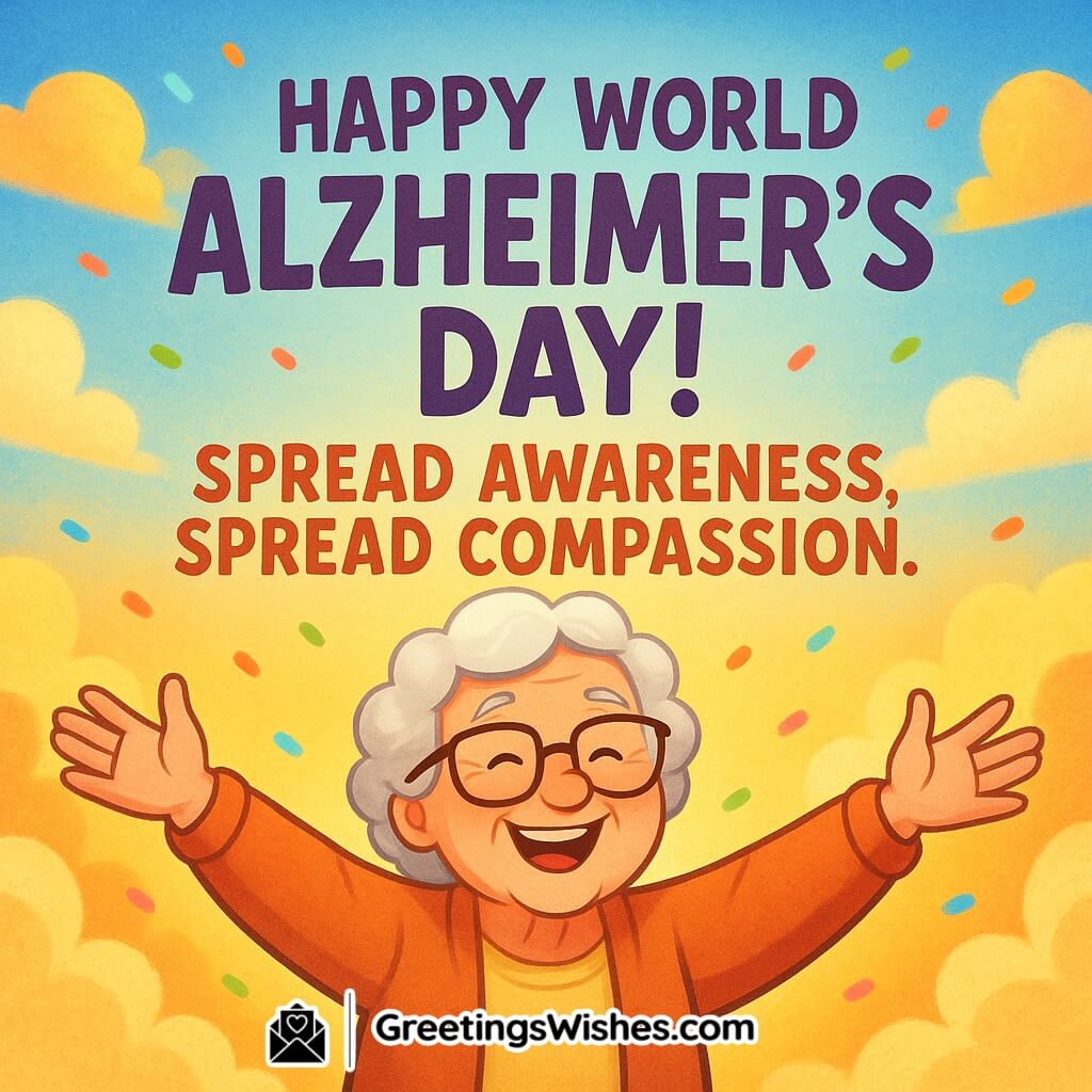 World Alzheimer’s Day image featuring a joyful elderly woman smiling with open arms, surrounded by colorful confetti and warm sky, symbolizing awareness, compassion, and positivity.