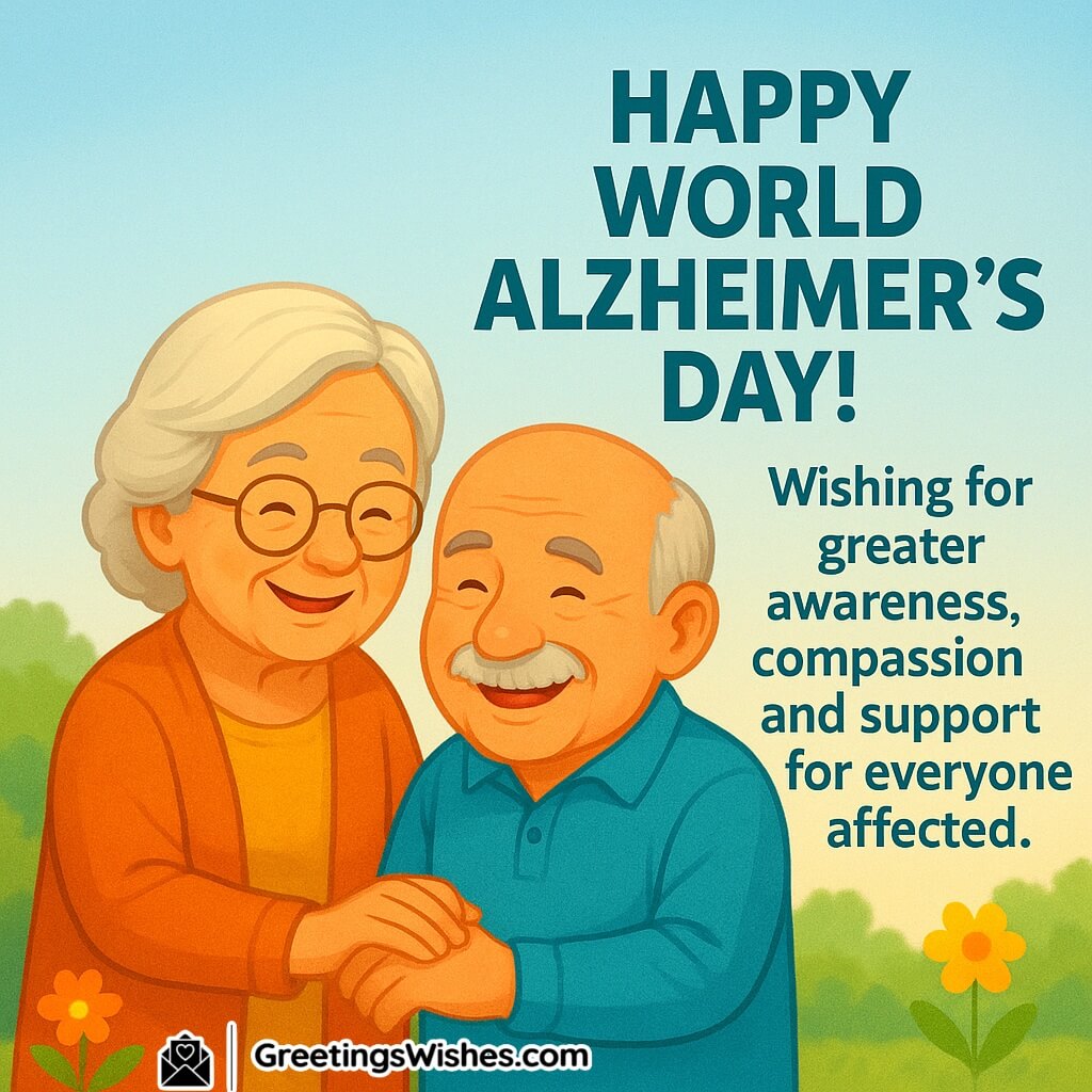 World Alzheimer’s Day image featuring a smiling elderly couple holding hands in a bright garden with sunshine and flowers, symbolizing awareness, compassion, and support for everyone affected.