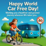 World Car Free Day greeting image featuring a smiling young woman riding a yellow bicycle, a cheerful eco-friendly blue bus with a glowing leaf logo, and a no-car sign under a bright blue sky with trees, symbolizing a healthier and greener journey.