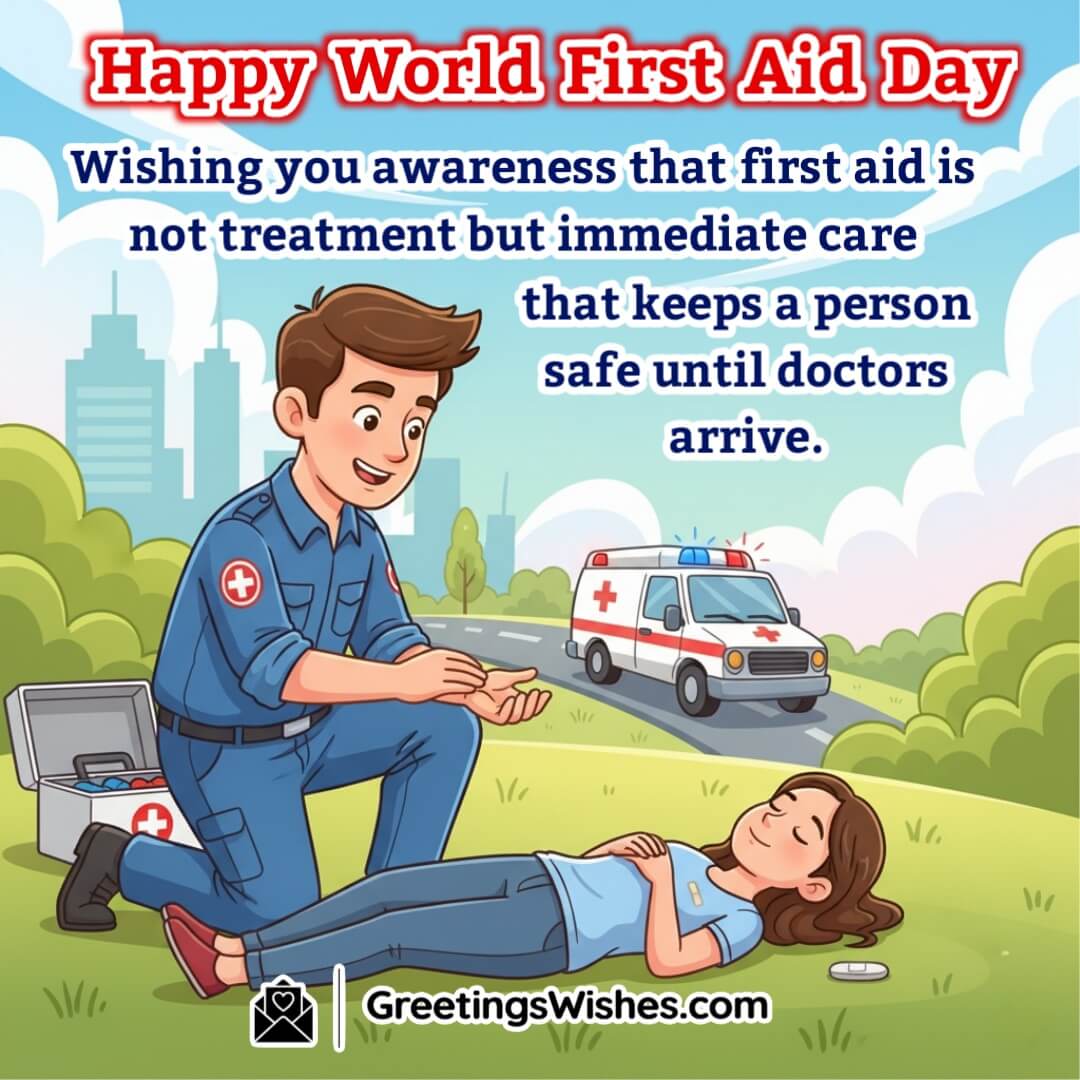 World First Aid Day image featuring a first responder providing basic care to an injured person before an ambulance arrives symbolizing immediate support and safety.
