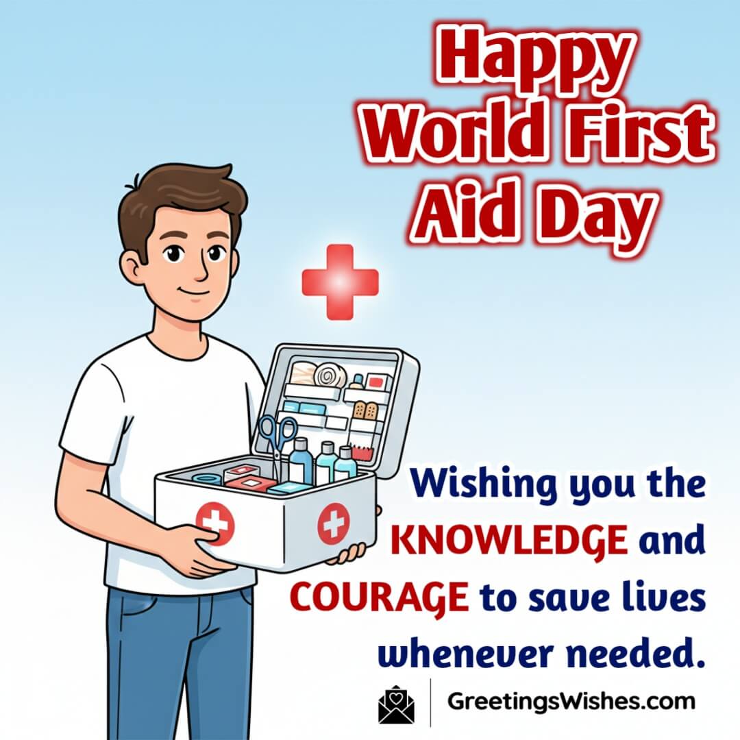 World First Aid Day image featuring a person with a first aid kit under bright daylight symbolizing courage awareness and life saving care.