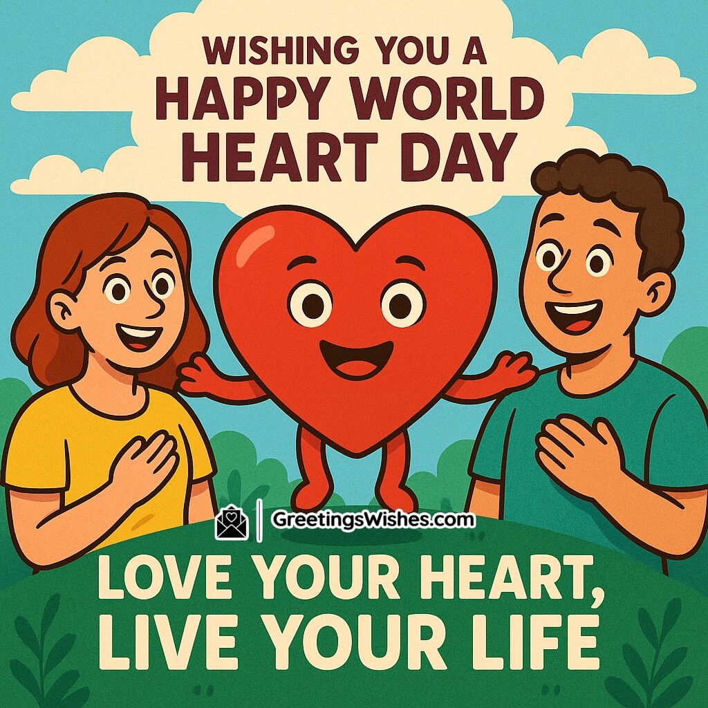 Happy World Heart Day Image featuring a cheerful cartoon heart character with a smiling man and woman, set against a colorful sky and greenery, symbolizing love, health, and joyful living.