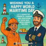 World Maritime Day image featuring a female worker and a male captain with lighthouse, cargo ship, and anchor in the background, symbolizing courage and dedication at sea.