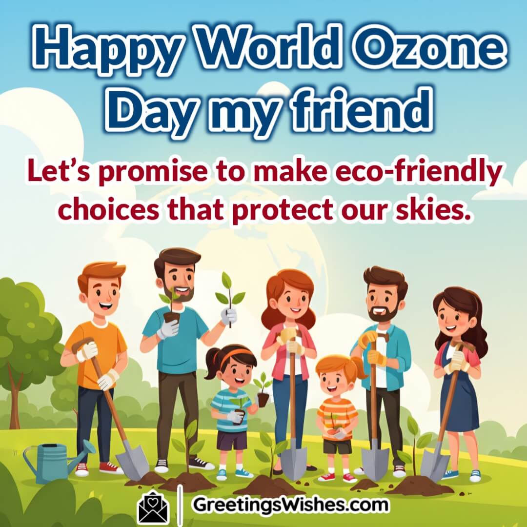 World Ozone Day image featuring friends planting trees under a bright blue sky with Earth glowing in the background symbolizing eco friendly choices and ozone protection.