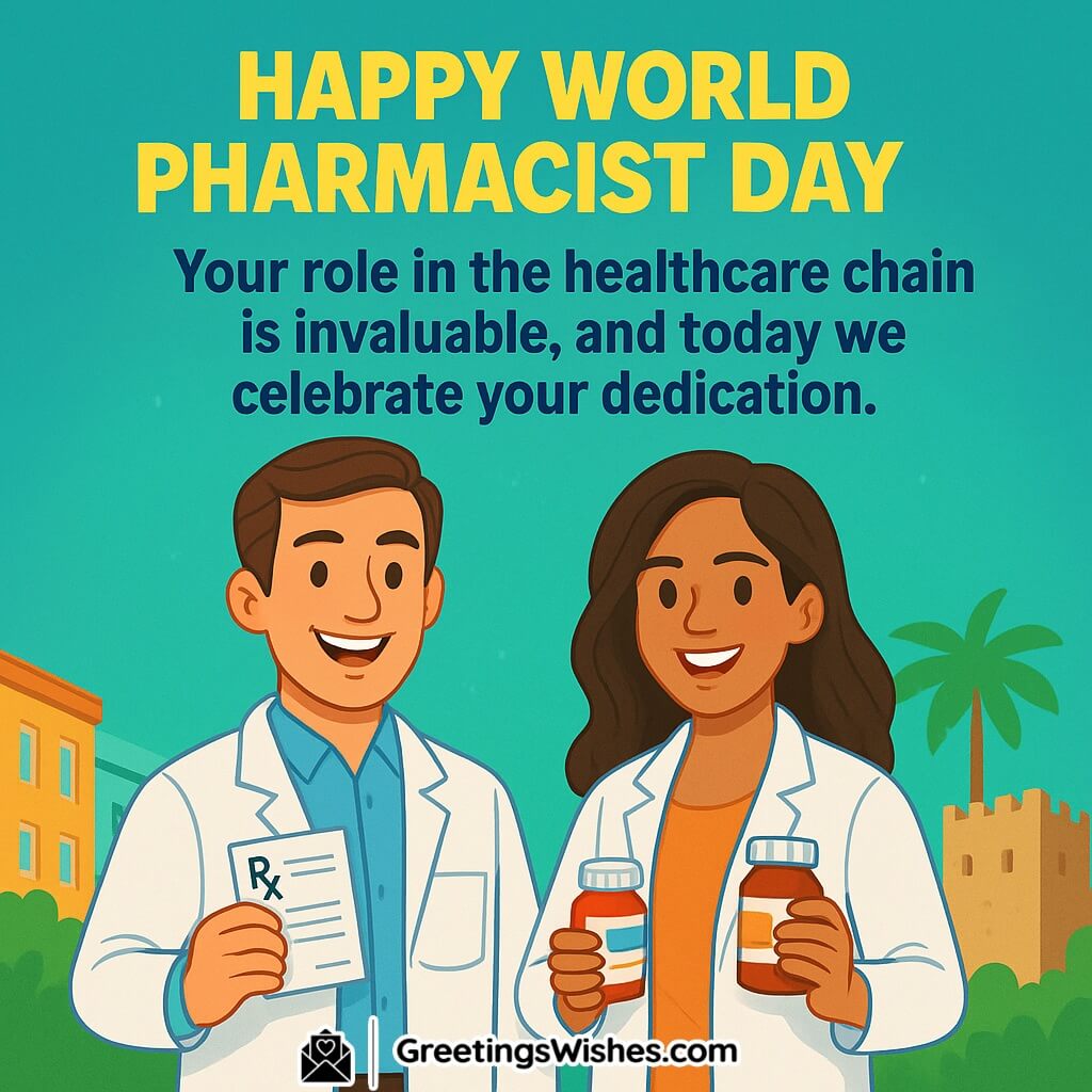 Happy World Pharmacist Day image with two smiling pharmacists holding prescription and medicine bottles, symbolizing dedication in healthcare.