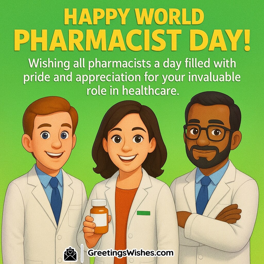 Understood 👍 Here’s a precise alt text with symbolism: Alt Text: World Pharmacist Day image with three smiling pharmacists, symbolizing pride, care, and appreciation for their vital role in healthcare.