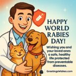 World Rabies Day image featuring a smiling veterinarian holding a happy dog and cat with a glowing shield of protection in the background, symbolizing health, safety, and prevention of diseases.