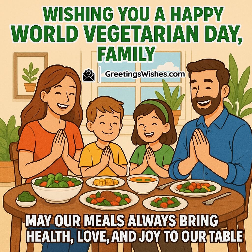 World Vegetarian Day image featuring a happy family of four praying at a dining table with vegetarian dishes, symbolizing health, love, and joy in meals.