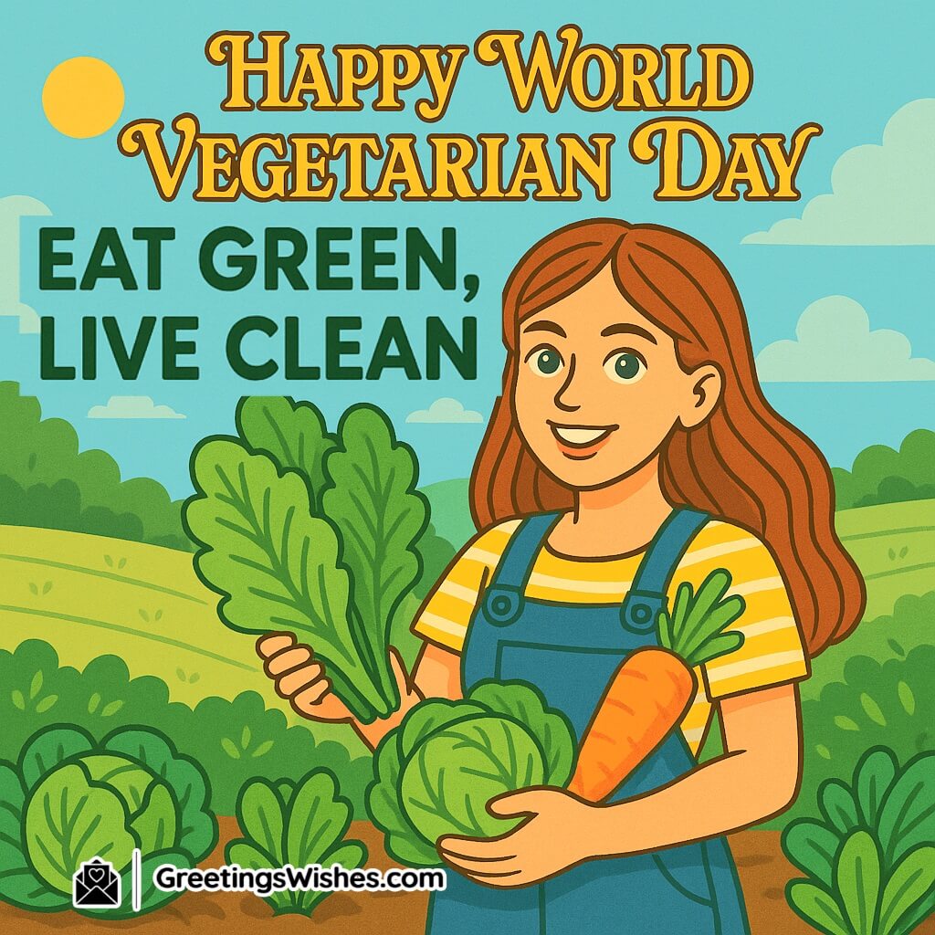 World Vegetarian Day image featuring a cheerful young woman with open expressive eyes holding fresh vegetables like lettuce, cabbage, and carrot in a sunny garden, symbolizing healthy and joyful living.