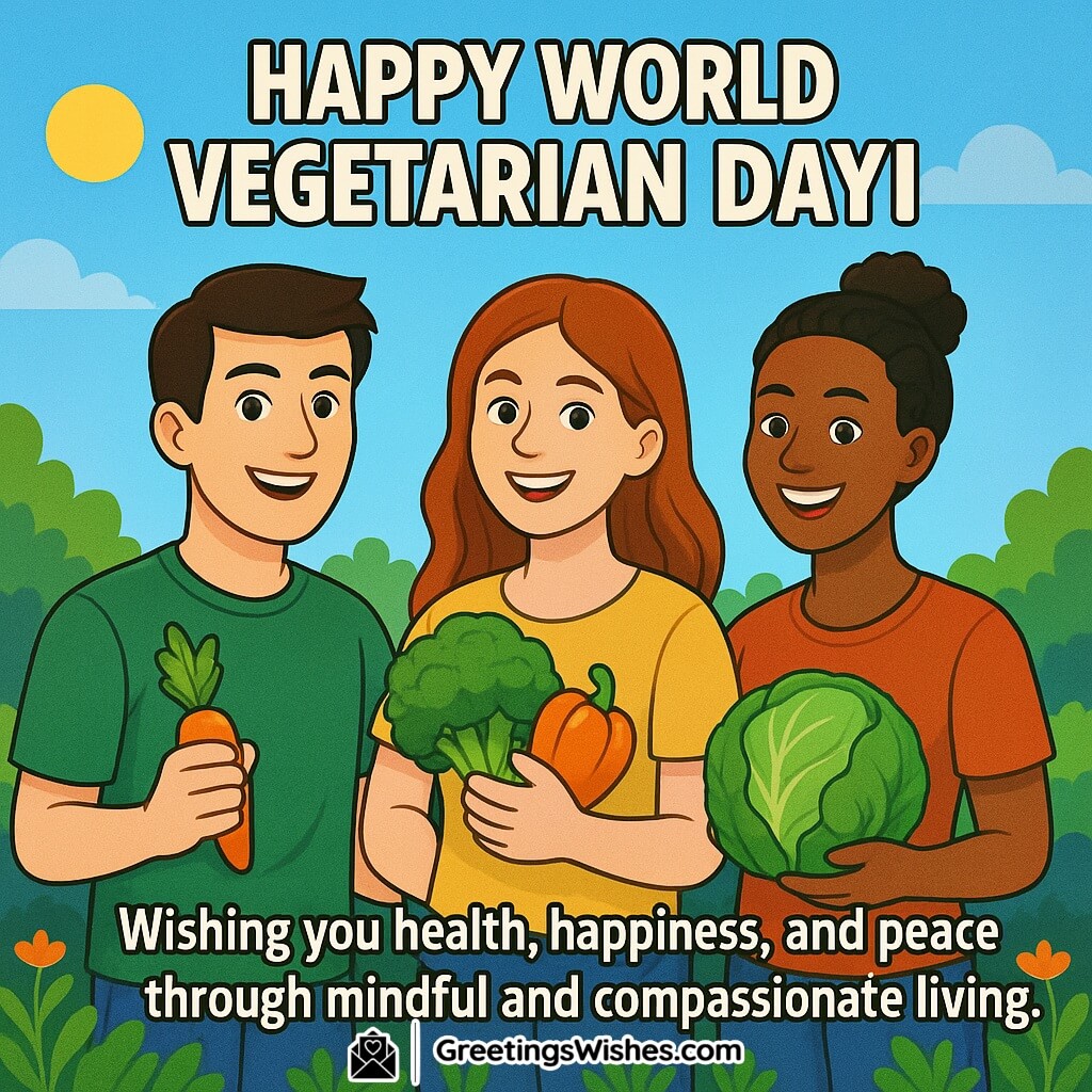 World Vegetarian Day image featuring three smiling people holding fresh vegetables in a colorful garden, symbolizing mindful and compassionate living.