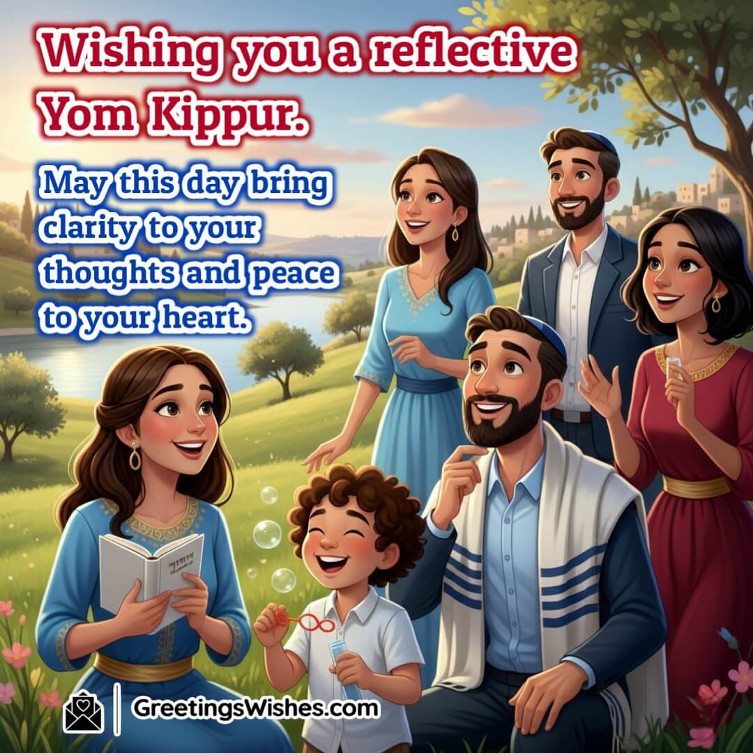 Yom Kippur image featuring a joyful family outdoors with prayer book, child blowing bubbles, and serene landscape, symbolizing clarity of thoughts, peace of heart, and spiritual reflection.