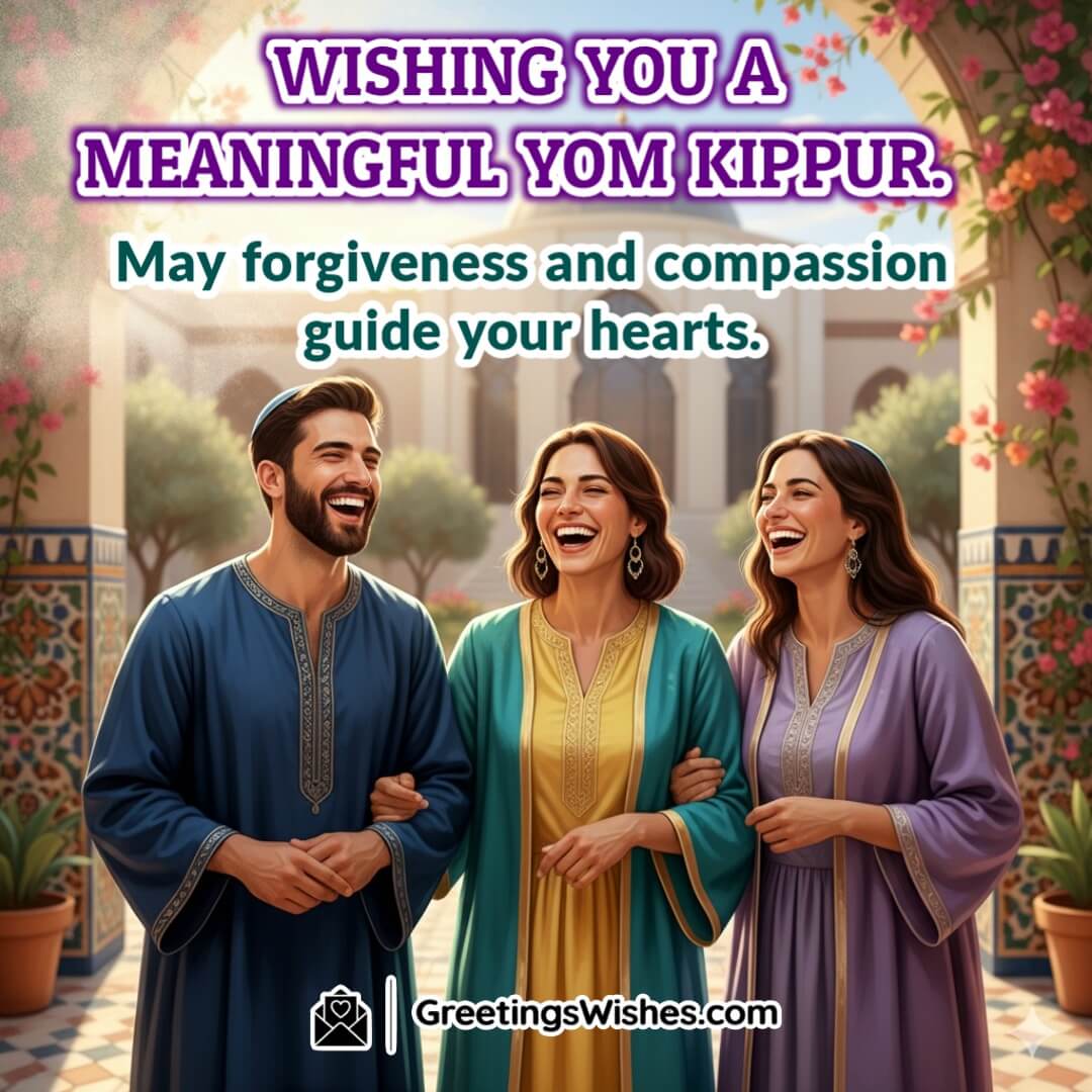 Yom Kippur image featuring three joyful people in traditional attire smiling together in a serene courtyard, symbolizing forgiveness, compassion, peace, and spiritual reflection.