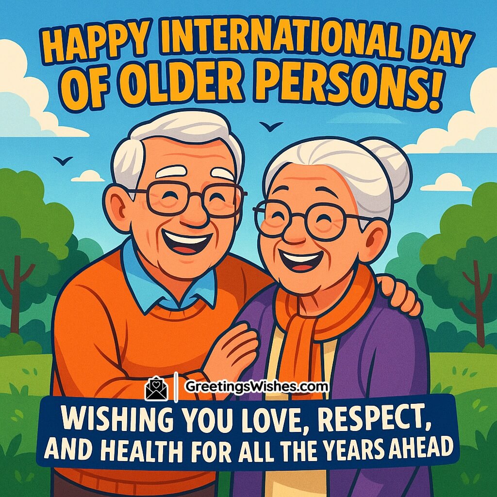 Heartfelt International Day Of Older Persons Wish image featuring a smiling elderly couple standing in a bright green park under a cheerful blue sky, symbolizing love, respect, and health for seniors on International Day of Older Persons.