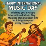 International Music Day wish image featuring cheerful young man playing guitar and woman playing violin on the left side, symbolizing the joy of music and life’s sweetest gift.