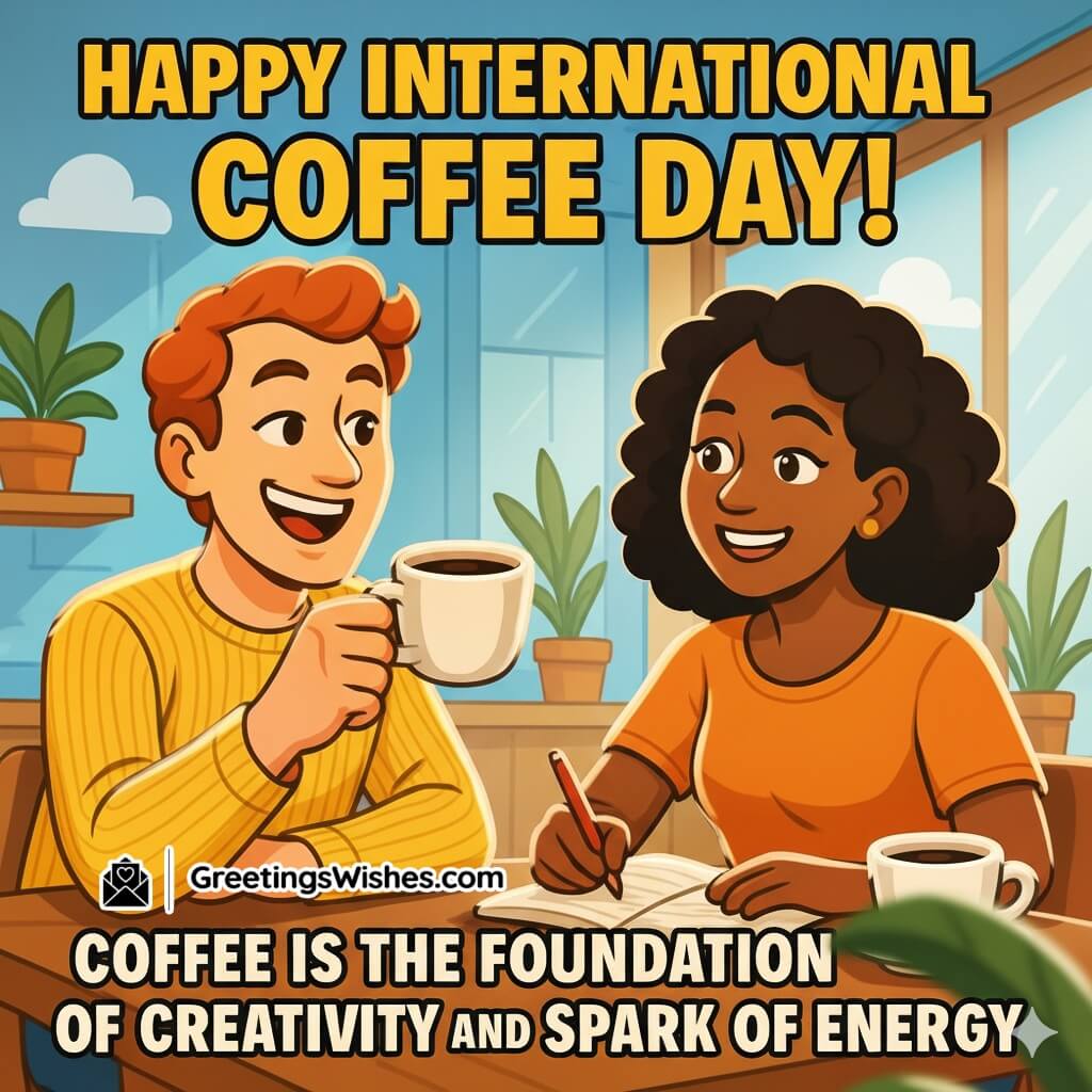 International Coffee Day image featuring two cheerful friends enjoying coffee in a bright café symbolizing warmth, joy, and inspiration.