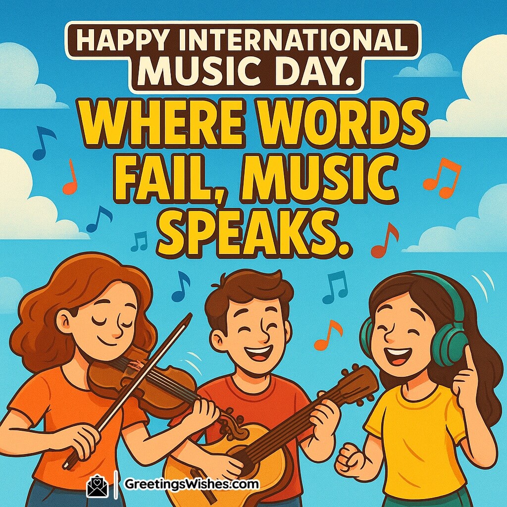 International Music Day image featuring joyful cartoon characters playing violin, guitar, and singing with headphones, with festive musical notes, symbolizing the universal joy and expression of music.