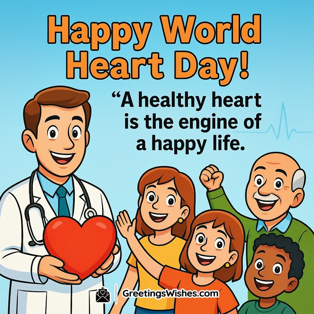 World Heart Day image featuring a cheerful doctor holding a glowing red heart with smiling people around, symbolizing health, joy, and vitality.