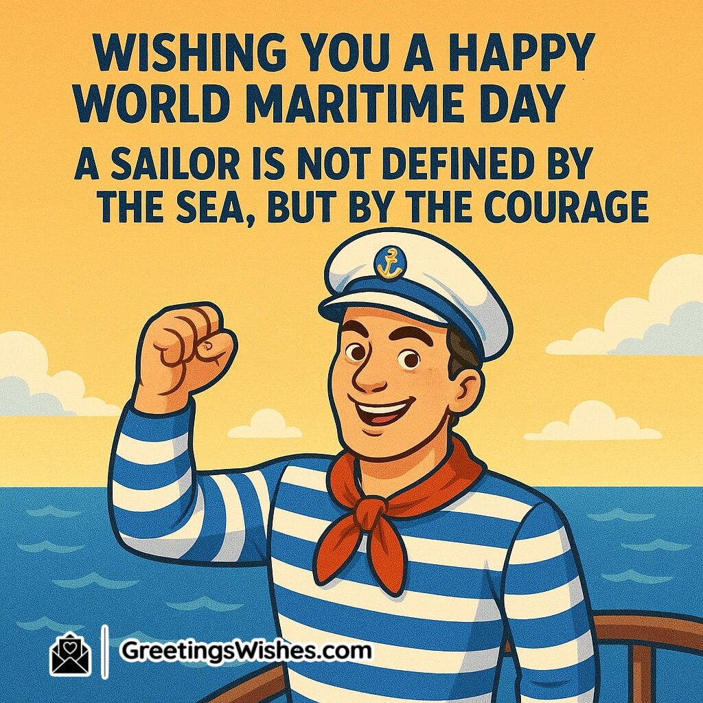 World Maritime Day image featuring a smiling sailor raising his fist proudly on a ship deck, with cheerful gradient sky and ocean in the background, symbolizing