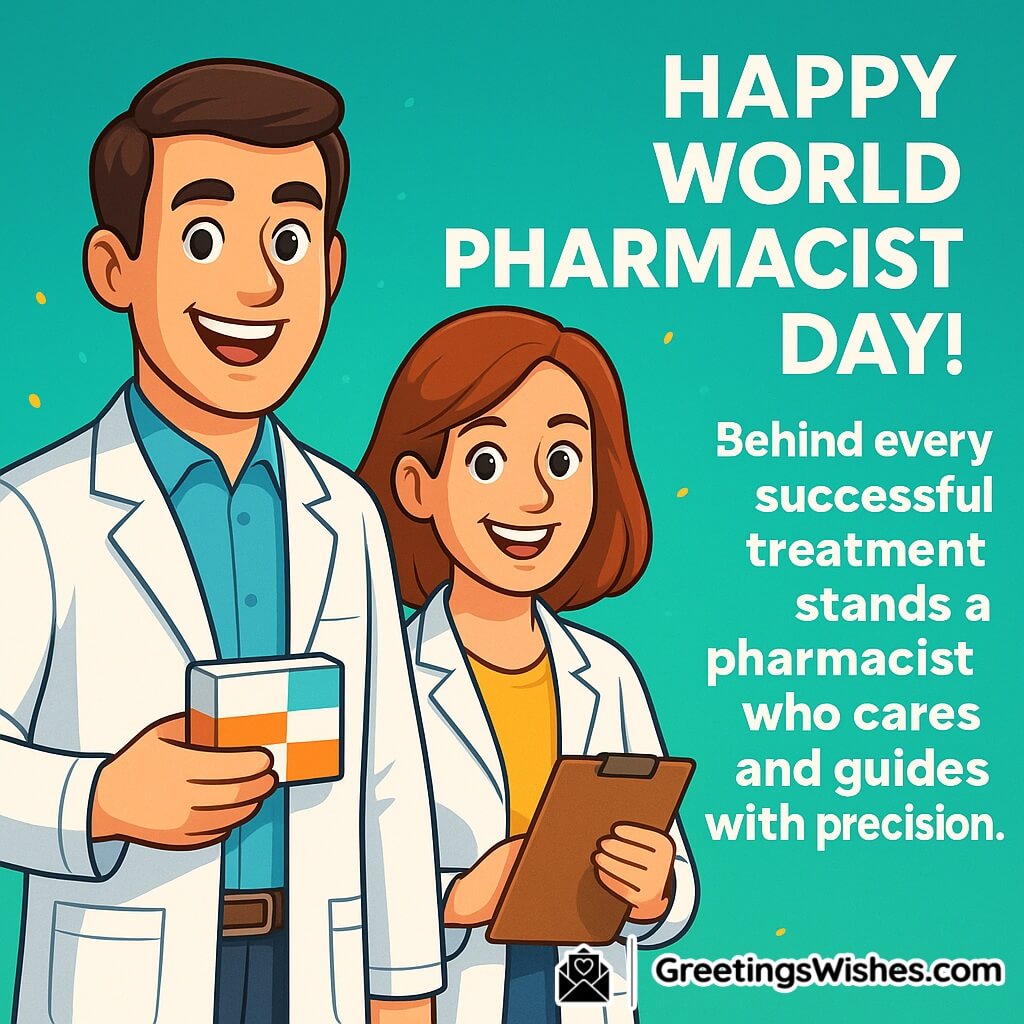 World Pharmacist Day image with two smiling pharmacists in white coats, one holding a medicine box and the other a clipboard, featuring their role in healthcare.