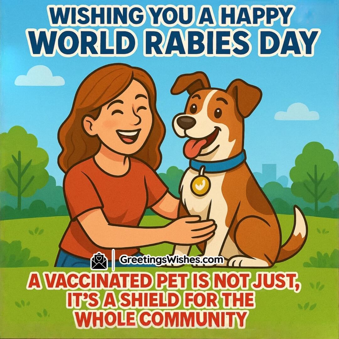 World Rabies Day image featuring a smiling woman hugging her vaccinated dog in a bright park, symbolizing protection and safety for the whole community.