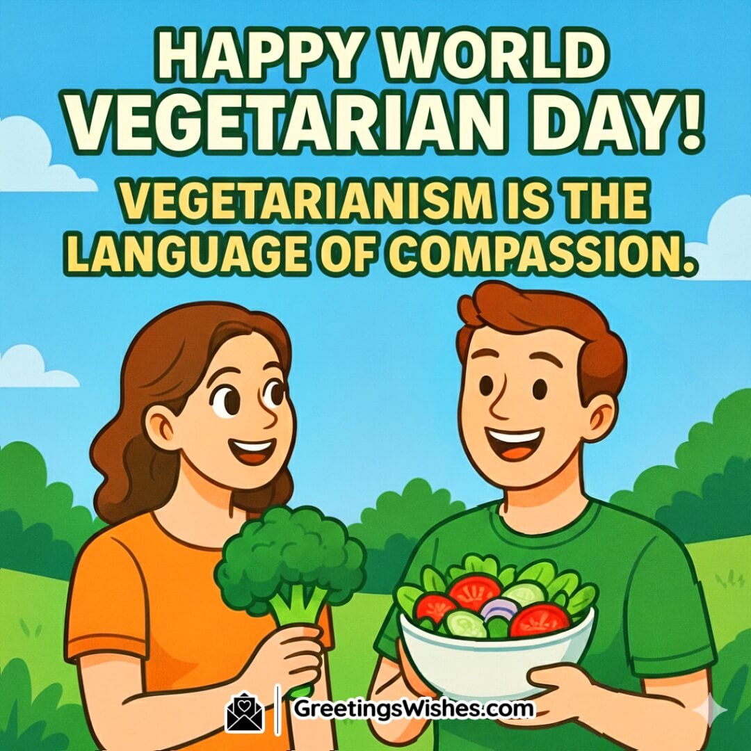World Vegetarian Day image featuring two cheerful people holding fresh vegetables and salad, symbolizing compassion, health, and plant-based living.