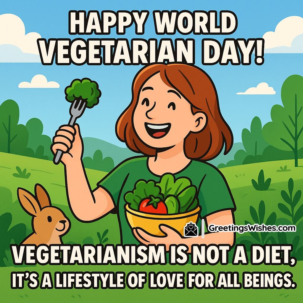 World Vegetarian Day image featuring a smiling young woman holding a bowl of fresh vegetables with a rabbit, symbolizing love for all beings through vegetarian lifestyle.