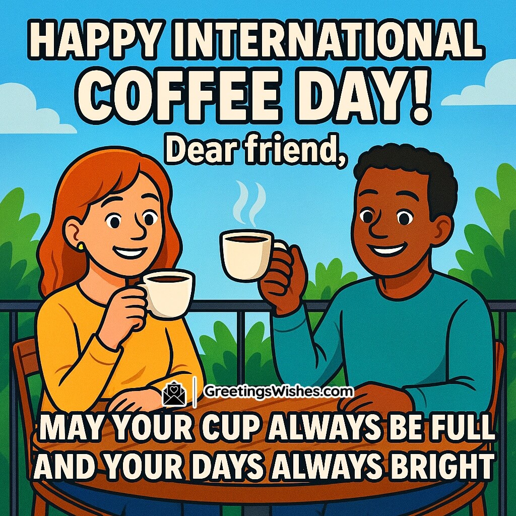 International Coffee Day image featuring two cheerful friends with gently open eyes enjoying coffee outdoors at a sunny café table, symbolizing warmth, positivity, and friendship.