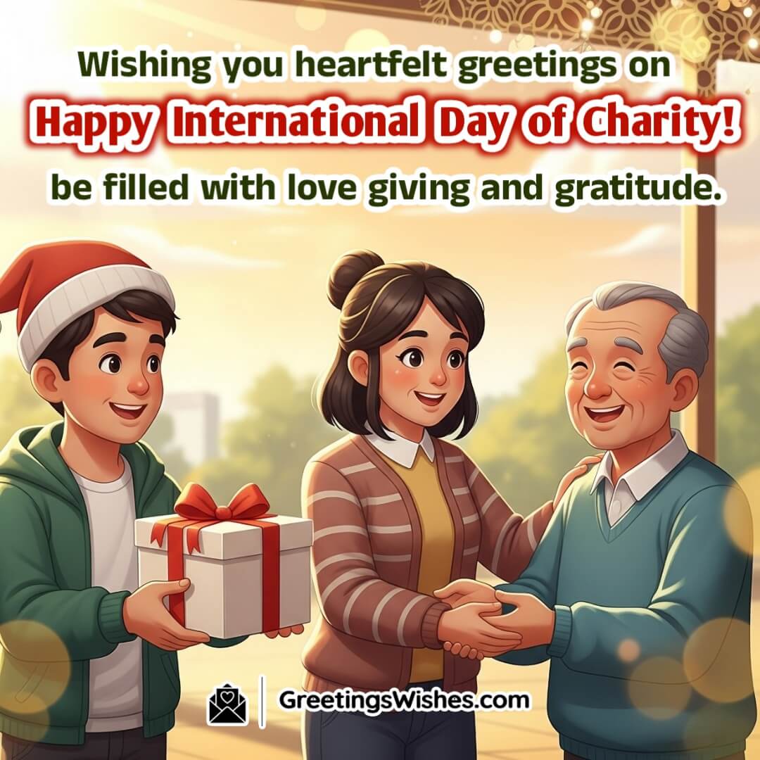 International Day of Charity image featuring people helping each other and offering gifts in a community setting with soft golden light symbolizing gratitude love and generosity.