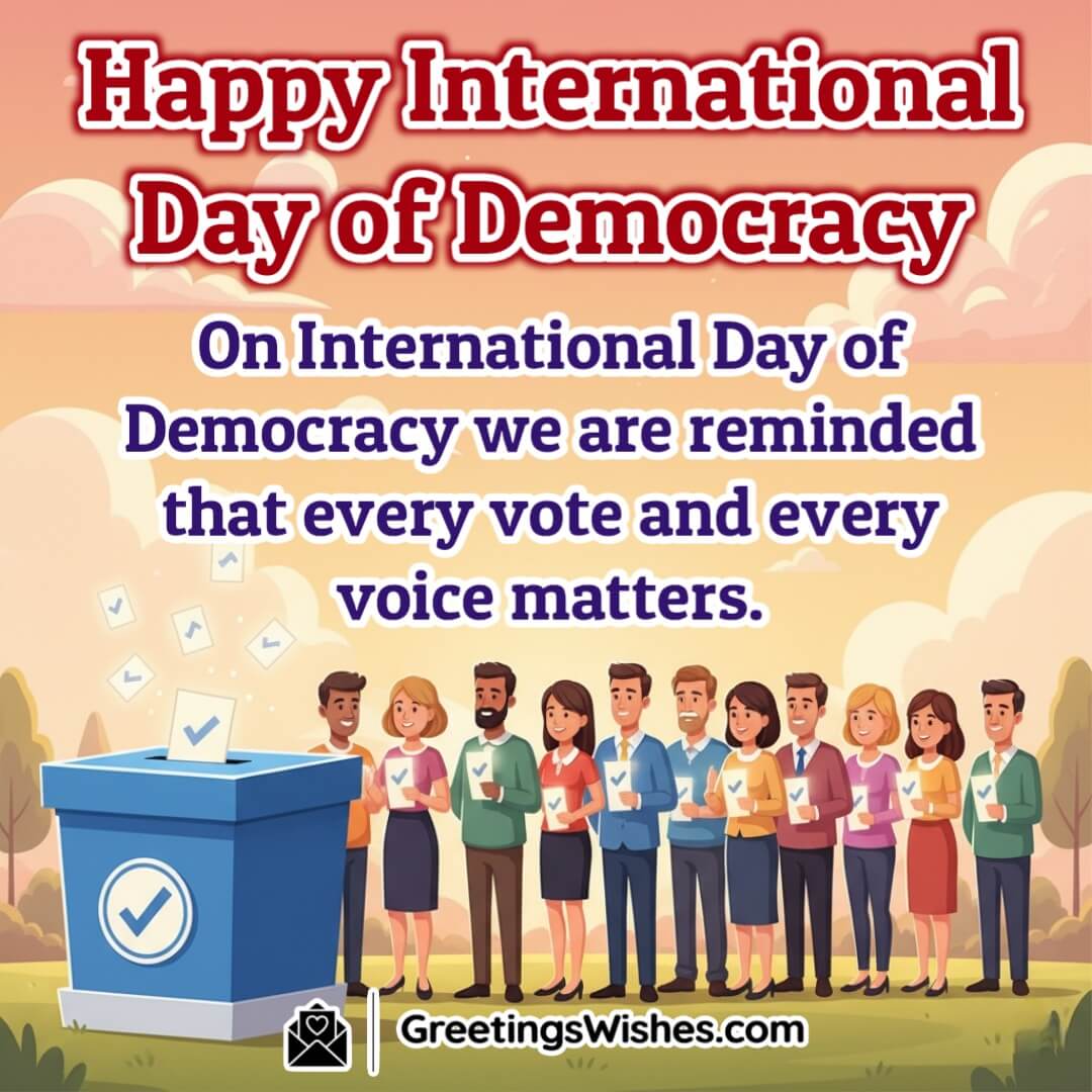 International Day of Democracy image featuring a ballot box with glowing votes being cast and people standing in line symbolizing that every vote and voice matters.