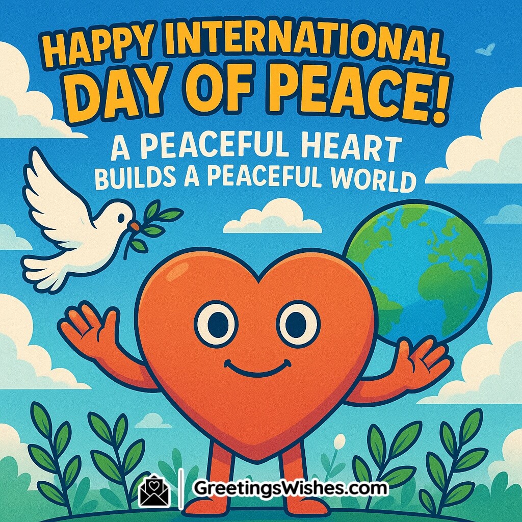 International Day of Peace image featuring a smiling heart character with outstretched arms, a white dove holding an olive branch, and a globe under a bright blue sky with greenery, symbolizing unity hope and a peaceful world.