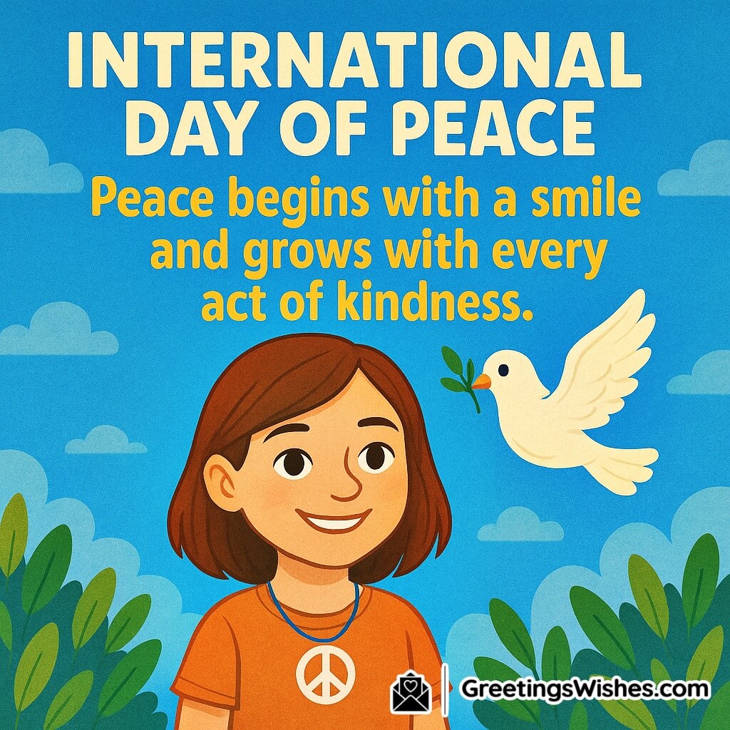 International Day of Peace image featuring a smiling girl with a peace pendant and a dove with olive branch, symbolizing harmony and kindness.