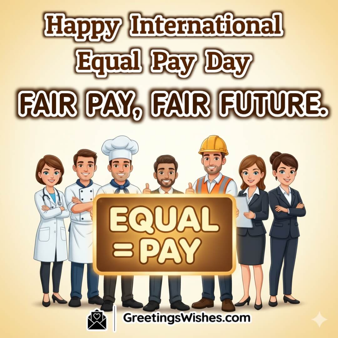 International Equal Pay Day image featuring diverse professionals gathered around a glowing Equal = Pay sign symbolizing hope for a fair future.
