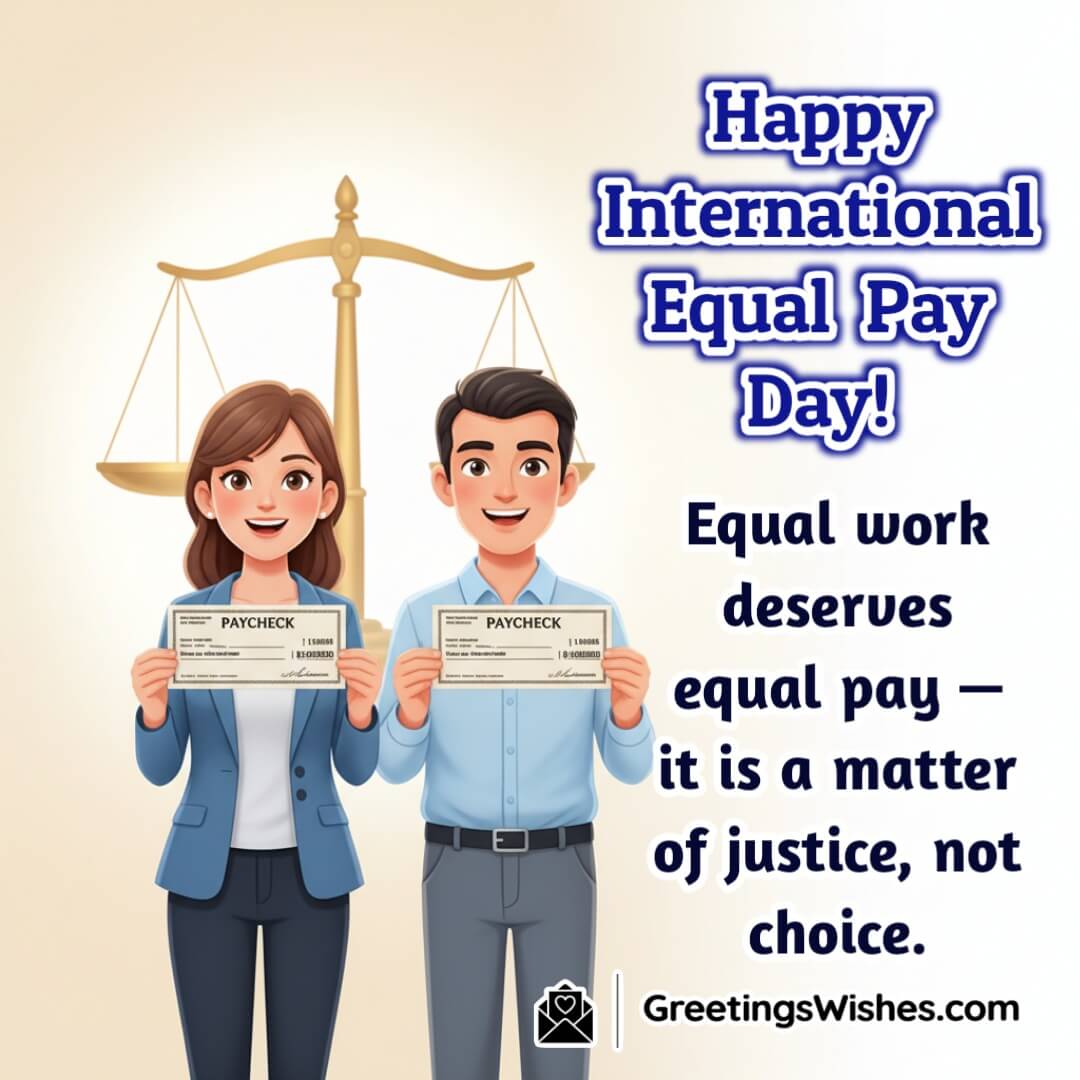 International Equal Pay Day message image featuring male and female professionals holding equal paychecks with a glowing balance scale in the background symbolizing justice.