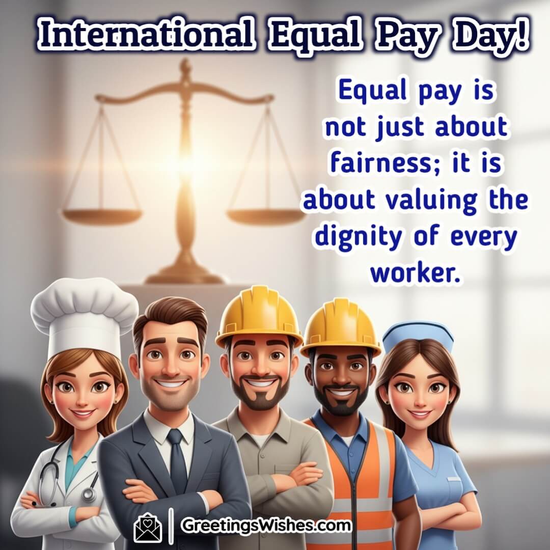 International Equal Pay Day quote image featuring doctor, teacher, engineer, and artist standing proudly with their tools, symbolizing dignity and equal value for all professions.